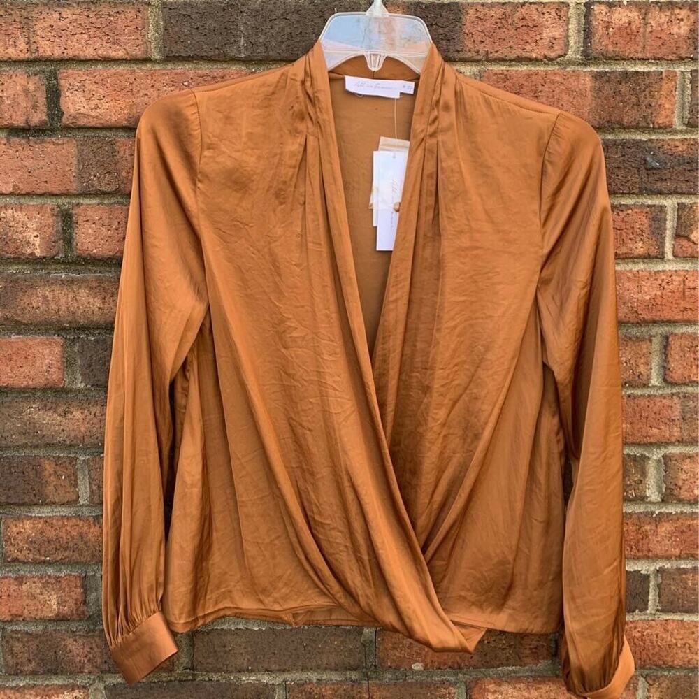 All In Favour Womens Faux Wrap Top Brown Long Sleeve V Neck M New